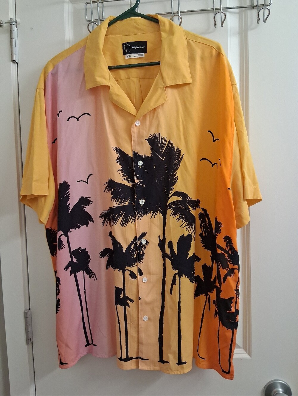 Original Use Yellow Pink Sunset Palm Print Camp Shirt